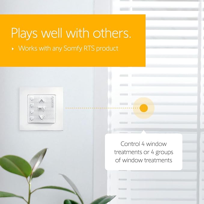 Somfy Smoove 4 RTS Pure - 4-Channel Wall Mount Control for Motorized Shades, Curtains, Blinds - Easy Install, No Electrician Needed - #1811748