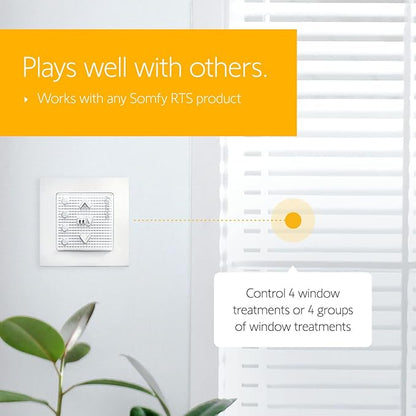 Somfy Smoove 4 RTS Pure - 4-Channel Wall Mount Control for Motorized Shades, Curtains, Blinds - Easy Install, No Electrician Needed - #1811748