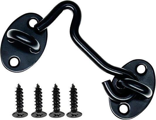 4 Pack 3" Hook and Eye Gate Latch, Stainless Steel Rust-Resistant Barn Door Lock Cabin Hooks for Gate Shutters Window Slide Barn Shed Cabinet Bathroom, with 16pcs Screw,Black
