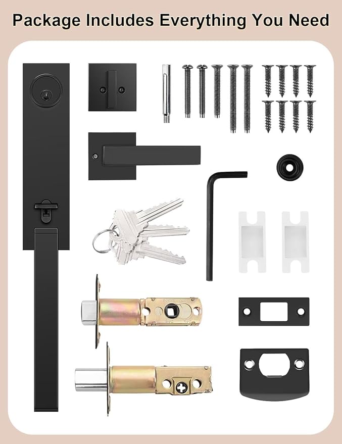 Full Escutcheon HandleSet Front Door Entry Handle and Deadbolt Lock Set Slim Square Single Cylinder Deadbolt and Lever Heavy Duty – Matte Black Finish