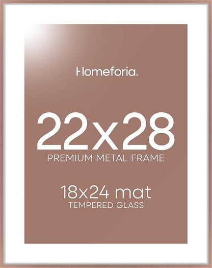 Homeforia 22x28 Poster Frame Mocha, High End Metal 22 x 28 Large Picture Frames with Mat 18 x 24 for Photo, 22x28 Thin Frame Matted to 18x24 inch Print, 28x22 Frame, Tempered Glass, Wall Kit, Set of 1