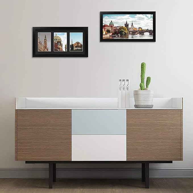 Golden State Art, Set of 3, 9x18 Black Wood Frame - Black Mat for Three 5x7 Pictures - Sawtooth Hangers- Swivel Tabs - Wall Mounting - Landscape/Portrait - Real Glass - Collage Frame