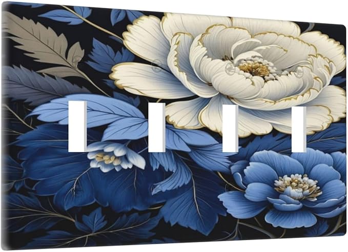 Blue White Flowers Light Switch Covers Quad Toggle 4 Gang Wall Plate Decorative Switchplate Electrical Faceplate for Farmhouse Bathroom Living Decor