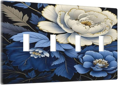 Blue White Flowers Light Switch Covers Quad Toggle 4 Gang Wall Plate Decorative Switchplate Electrical Faceplate for Farmhouse Bathroom Living Decor