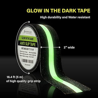 Anti Slip Glow in The Dark Traction Tape 2Inch x 16ft – Heavy Duty Adhesive Grip Non Skid Tape for Stairs Waterproof Safety - Outdoor/Indoor - Neon Strips Walk Black - 3 Pack
