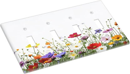 Light Switch Covers Colorful Wildflowers Plant Floral Daisy Quad Toggle Electrical Faceplate 4 Gang Wall Plate Decorative Switch Plates For Bed Room Living Room Decor