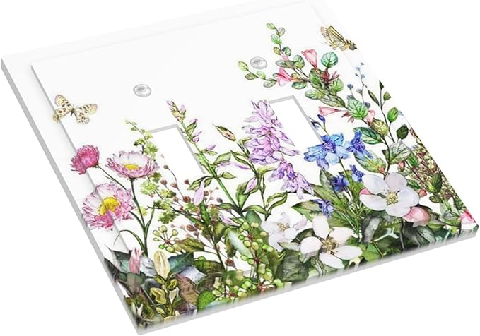 Boho Colorful Wildflowers Butterfly Green Plant Leaf Double Toggle Light Switch Covers 2 Gang Wall Plate Dual Decorative Switchplate Electrical Faceplate for Country Bathroom Bedroom Decor