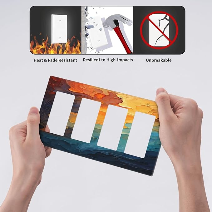Abstract Colorful Modern Luxury Rainbow 4 Gang Wall Plates Outlet Covers Quad Rocker Light Switch Cover Plate Decorative Switch Plates GFCI Electrical Faceplate for Bathroom Bedroom Decor 4.5 X 8 IN