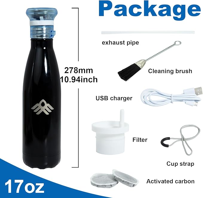 Smart Self-Cleaning Water Bottle 17oz Onyx Stainless Steel Insulated Purifying Bottle LED + Activated-Carbon Dual Filtration USB-C Rechargeable BPA-Free for Outdoor, Gym & Office