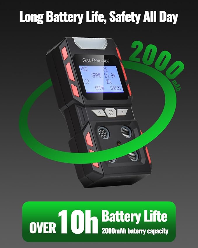 4 Gas Monitor, Gas Detector for H2S, CO, LEL and O2, Factory Calibrated Multi Gas Meter with Vibration, Visual and Audible Alarms, Over 10H Battery Life, Fast Response, Gas Analyzer for Work, Home