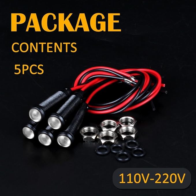5pcs 6mm LED Indicator Light Plastic Black Signal Dot Lamp 110-220VAC 1/4" Mounting Hole Size with 15cm/5.9in. Wire (White LED)