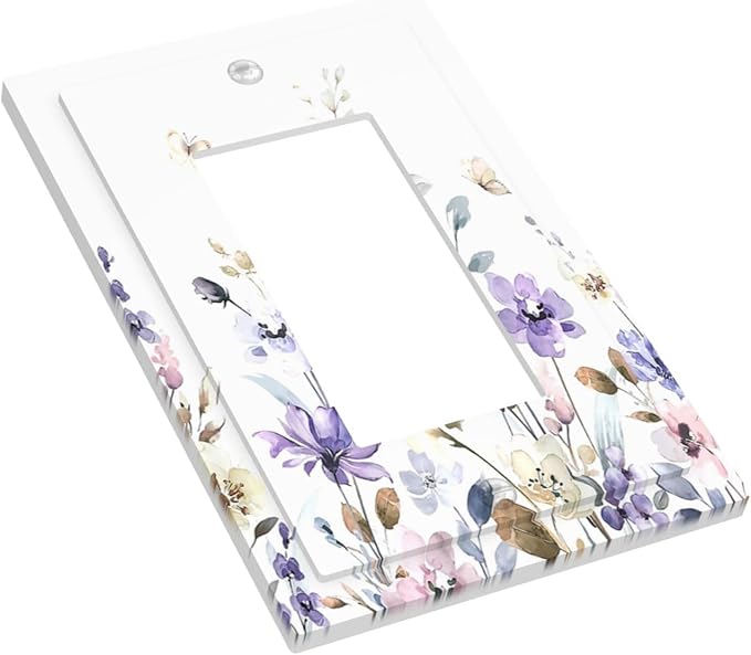 Decorative Outlet Covers Purple Floral Lilac Watercolor Flower Leaves Butterfly Wildflower 1 Gang Single Rocker Light Switch Cover Plate Wall Plates GFCI Faceplate for Bedroom Home Decor