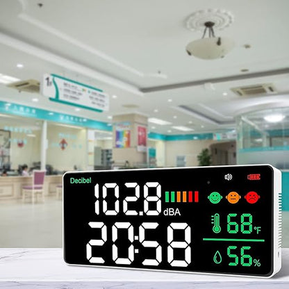 Decibel Meter 11 Inch LED Screen, Wall Mounted Sound Level Reader 30 to 130db, Time Temperature Humidity Display - Sensor, Adjustable Brightness, Ideal for Noise