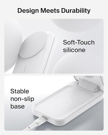 Belkin MagSafe Charger Compatible, 3-in-1 Charging Station, Qi2.2 25W Magnetic Wireless Charger Dock, Foldable Charging Stand for iPhone 17/16/15, Apple Watch, AirPods, Pixel 10 (45W Adapter Included)