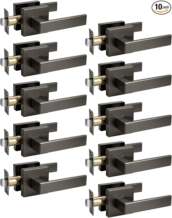 KNOBWELL 10 Pack Gunmetal Black Door Handles Interior Modern Square Door Knob for Closet Hallway Pantry