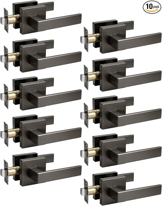 KNOBWELL 10 Pack Gunmetal Black Door Handles Interior Modern Square Door Knob for Closet Hallway Pantry
