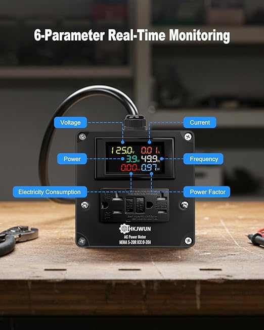 20A AC Power Meter, 125V Outlet Monitor for NEMA 5-15P to 5-20R, Multifunction Energy Monitor, LCD Digital Real-Time Display for Monitoring Voltage Current Power Electricity Consumption Frequency