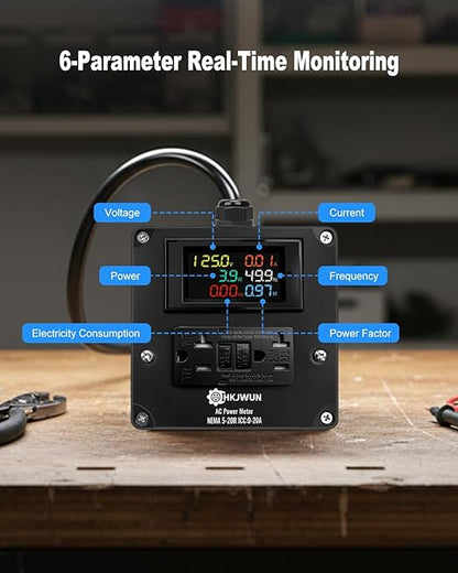 20A AC Power Meter, 125V Outlet Monitor for NEMA 5-15P to 5-20R, Multifunction Energy Monitor, LCD Digital Real-Time Display for Monitoring Voltage Current Power Electricity Consumption Frequency