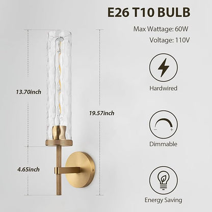19.5" Knurled Brass Wall Sconces Set of 2, Gold Bathroom Vanity Light Fixtures with Water Ripples Glass Tube, Modern Lamp Lighting for Bedroom, Living Room, Hallway, Staircase, Mirror, Kitchen