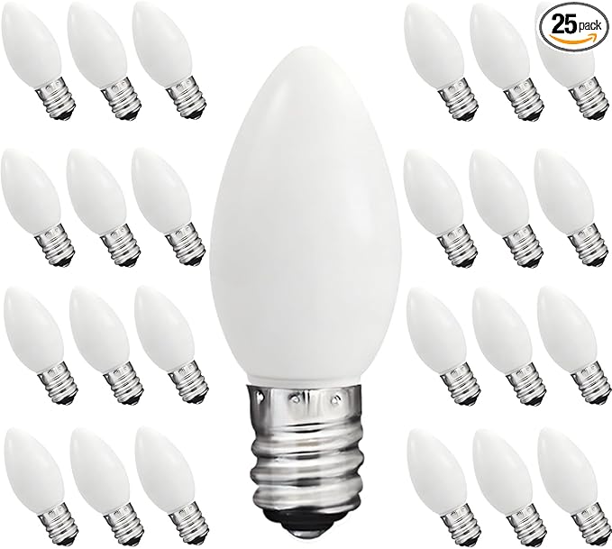 C7 LED White Replacement Bulbs,25 Pack 0.6w White Christmas Light Replacement Bulbs With E12 Base,Warm White Light Bulbs For Candelabra Window Candle Chandelier Night Lights Christmas String Lights