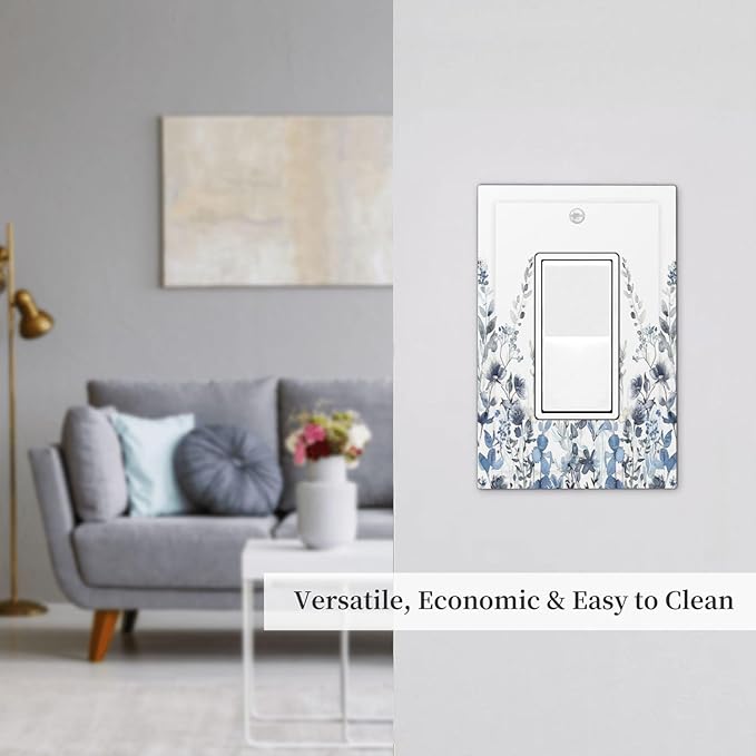 Decorative Outlet Covers Light Blue Watercolor Leaves Plant With Floral 1 Gang Single Rocker Light Switch Cover Plate Wall Plates GFCI Faceplate for Bedroom Bathroom Decor