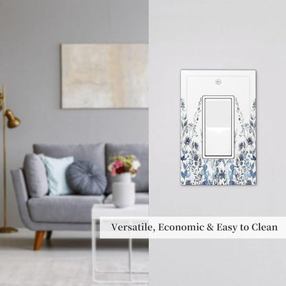 Decorative Outlet Covers Light Blue Watercolor Leaves Plant With Floral 1 Gang Single Rocker Light Switch Cover Plate Wall Plates GFCI Faceplate for Bedroom Bathroom Decor