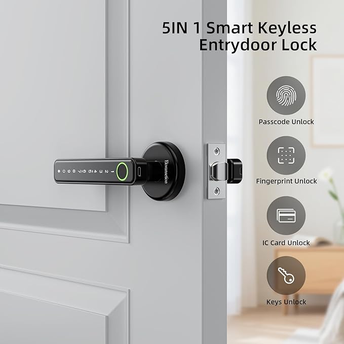 Fingerprint Door Lock Smart Door Lock with Keypad Keyless Entry Door Lock with Handle for Home Hotel Office Apartment Bedroom (Black) Ekwansetion