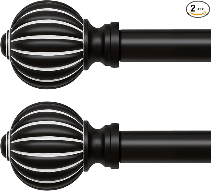 2 Pack Black Curtain Rods for Windows 28 to 48 Inch, 1'' Adjustable Heavy Duty Curtain Rod，Vintage Decorative Drapery Rods with Pumpkin Finials for Bedroom Living Room