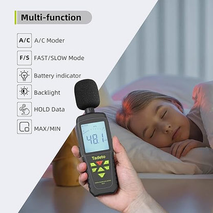 Decibel Meter, Tadeto Digital Sound Level Meter Portable SPL Meter 30dB to 130dB(5 Measurement Range) Backlight LCD Display, MAX/MIN Noise Measurement, Audible and Visual Alarms,Data Hold, A/C Mode