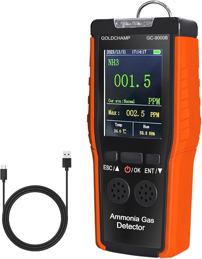 Ammonia Gas Detector Air Quality Monitor Rechargeable NH3 Detector with Range 0-100ppm & 0.1ppm Resolution, Temp(℉/℃), Humidity, LCD Display, Alarm Mode for Industry, Home, Farm, Poultry