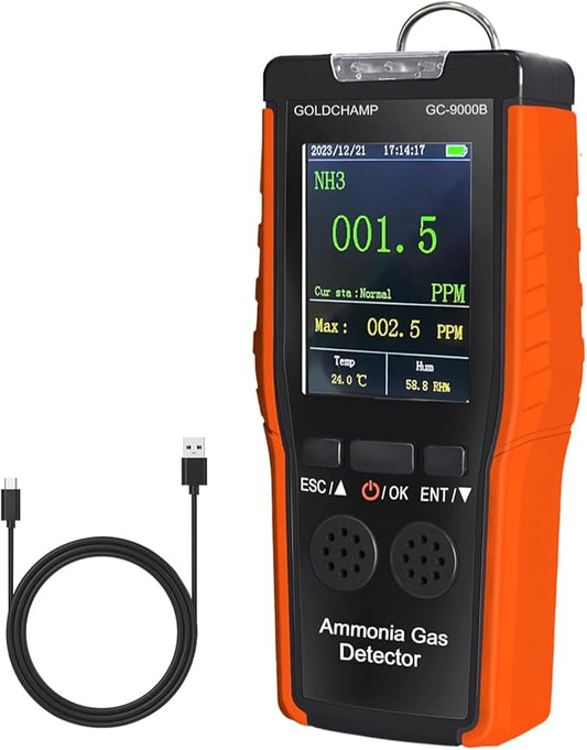 Ammonia Gas Detector Air Quality Monitor Rechargeable NH3 Detector with Range 0-100ppm & 0.1ppm Resolution, Temp(℉/℃), Humidity, LCD Display, Alarm Mode for Industry, Home, Farm, Poultry