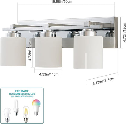 3 Light Modern Bathroom Light Fixtures Over Mirror, Chrome Vanity Lights for Bathroom Wall Sconces with Milky White Glass Shades, E26 Socket (Bulbs Not Included)