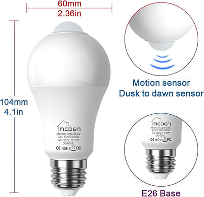 McDen Motion Sensor Light Bulb, Indoor Motion Activation Detector Light Bulb, E26 Base Dusk to Dawn Security Night Light 13.5W Equivalent 100W 6000K Daylight 4 Packs