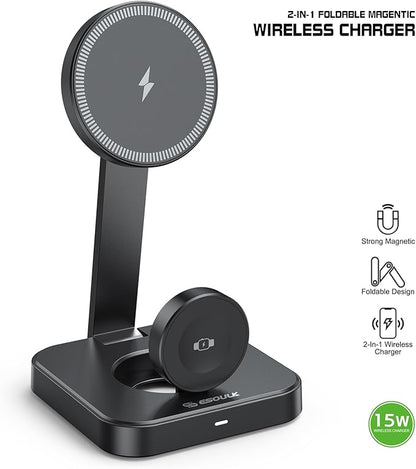 Esoulk 15W 2-in-1 Wireless Charger, Foldable Magnetic Fast Charging Station for iPhone, Apple Watch, and Smart Watch
