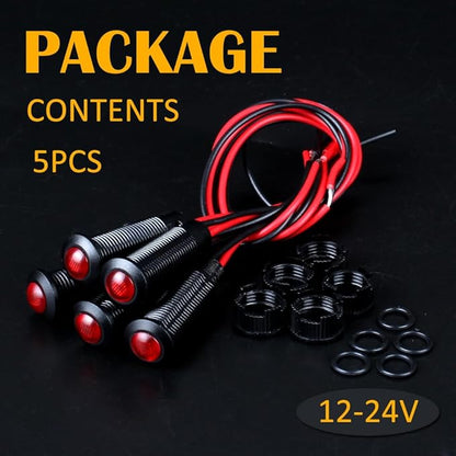 5pcs 8mm LED Indicator Light Plastic Black Signal Dot Lamp 12V-24V 5/16" Mounting Hole Size with 15cm/5.9in. Wire (Red LED)