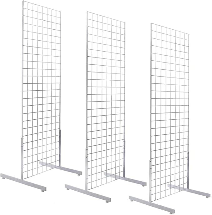 Only Hangers 2' x 6' Grid Wall Panel Floorstanding Display Fixture with Deluxe T-Style Base, Black or White. Three-Pack Combo. (WHITE)