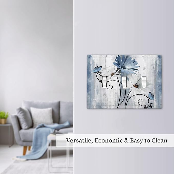 Decorative Light Switch Cover Plate Rustic Blue White Daisy Ink Flower 3 Gang Wall Plates for Electrical Outlets Triple Toggle Switch Plate Covers Outlet Covers Faceplate for Home Decor