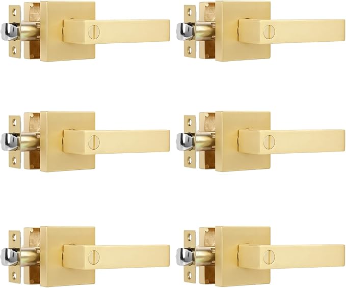 6 Pack Privacy Heavy Door Handle Lever with Stain Brass Finish Modern Design Door Lock for Bedroom or Bathroom, Door Hardware Reversible for Left and Right Handed