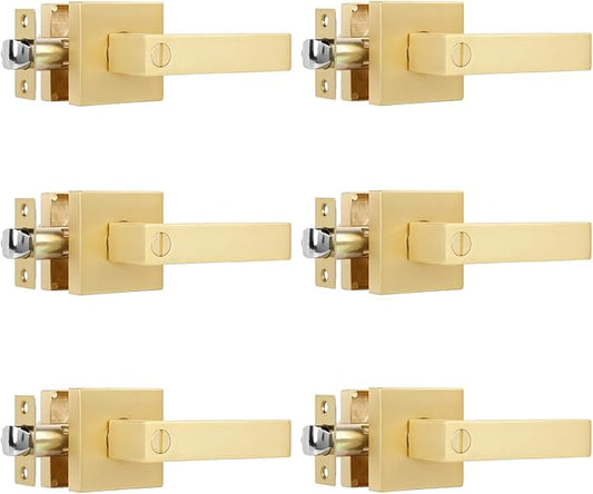 6 Pack Privacy Heavy Door Handle Lever with Stain Brass Finish Modern Design Door Lock for Bedroom or Bathroom, Door Hardware Reversible for Left and Right Handed