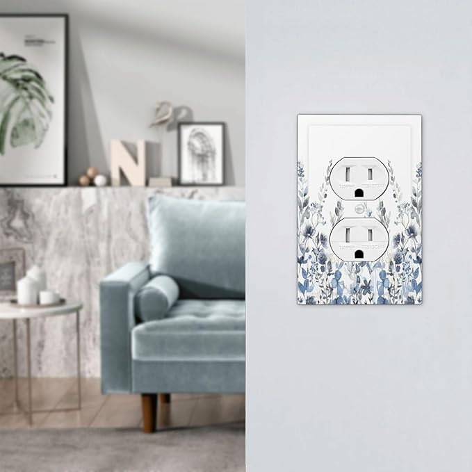 Outlet Covers Light Blue Watercolor Leaves Plant With Floral 1 Gang Duplex Wall Plate Decorative Switch Plates Electrical Receptacle Faceplate Light Switch Cover for Bedroom Bathroom Decor
