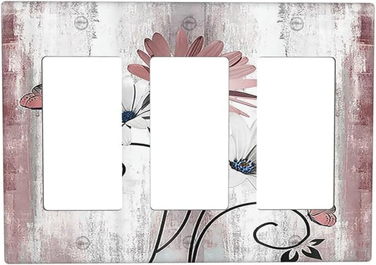 Light Switch Covers Pink White Daisy Butterfly Wood Grain 3 Gang Rocker Electrical GFCI Decorative Triple Outlet Wall Plate Cover Switchplate for Farmhouse Bathroom Decor