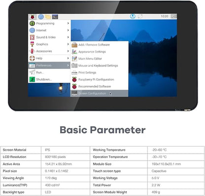 7 Inch Touchscreen IPS DSI Display Compatible with Raspberry Pi 5, 800x480 Capacitive Screen MIPI DSI Driver-Free Interface