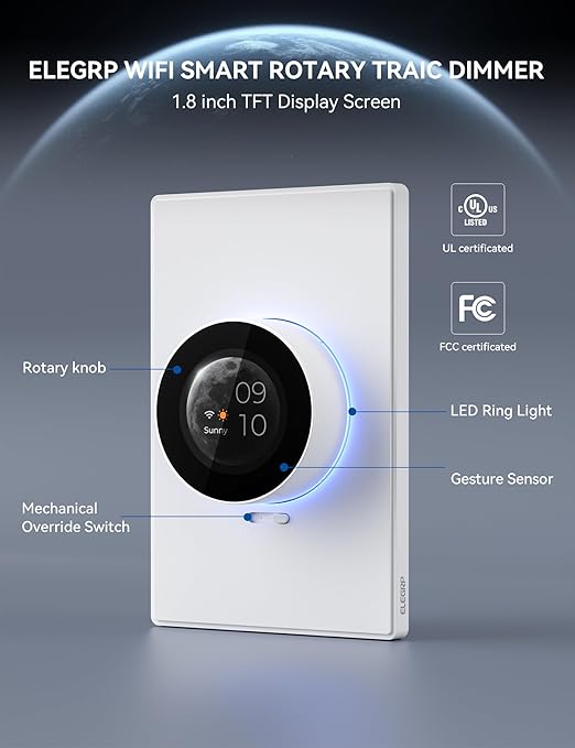 ELEGRP WiFi Smart Rotary Traic Dimmer with 1.8 inch TFT Display Screen, 3 Way, Needs Neutral Wire, 2.4GHz Wi-Fi, Compatible with Alexa and Google Home, No Hub Required, UL Listed, 1 Pack, White
