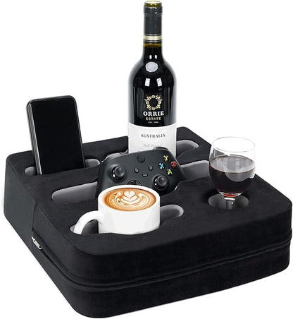 Couch Cup Holder Pillow - Sofa Cup Holder | Couch Caddy, Couch Drinks Remotes Holder for Cups, Headphones, Snacks, and Phones | Use it on Car, Pack, Beach, RV, and More (Black)