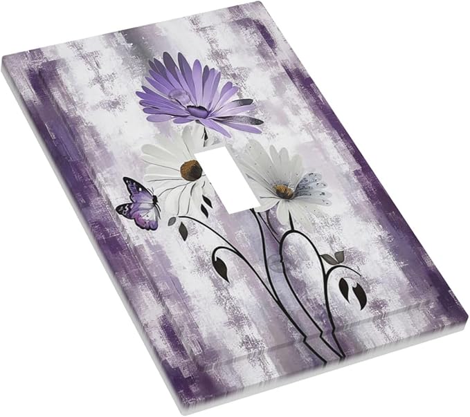 Purple Daisy White Floral Butterfly Flowers Single Toggle Light Switch Cover plate Outlet Cover Decorative Switchplate Wall Plates Electrical Panel Cover for Bathroom Living Room 5 X 3 IN