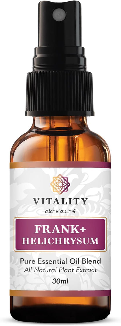 Vitality Extracts Frank+ Helichrysum Essential Oil Blend - 30ml Spray Bottle, Frankincense Boswellia Seratta, Aromatherapy, Soft Skin, Relief from Daily Aches & Soreness, Natural