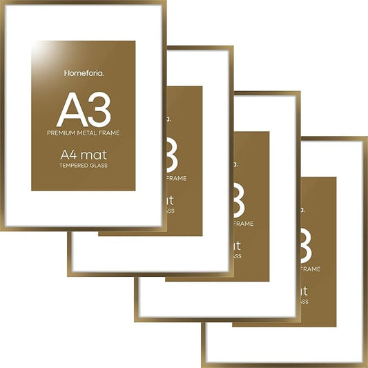 Homeforia A3 Picture Frame Bronze, High End Metal 11.7 x 16.5 inch Brass Poster Frames with Mat 8.3 by 11.7 Print, A3 Size Frames Matted to A4 Photo, 11.7by16.5 Hanging Frame, Tempered Glass, Set of 4
