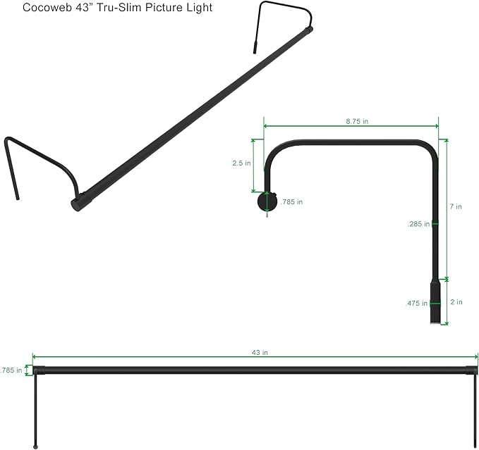 Cocoweb 43 Inch Tru-Slim Black Picture Light - LED, 2700K, Adjustable Arm, Plug-in, Toggle Switch, Sleek and Compact Design