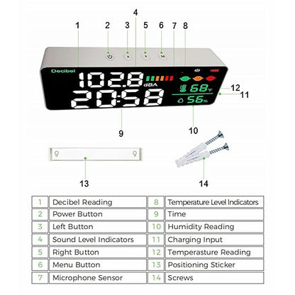 Decibel Meter 11 Inch LED Screen, Wall Mounted Sound Level Reader 30 to 130db, Time Temperature Humidity Display - Sensor, Adjustable Brightness, Ideal for Noise
