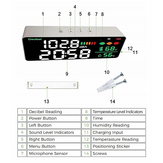 Decibel Meter Sound Level Reader, 11 Inch LED Display with Time Temperature Humidity, 30-130db Range - Sensor, Adjustable Brightness, USB Rechargeable for Home of